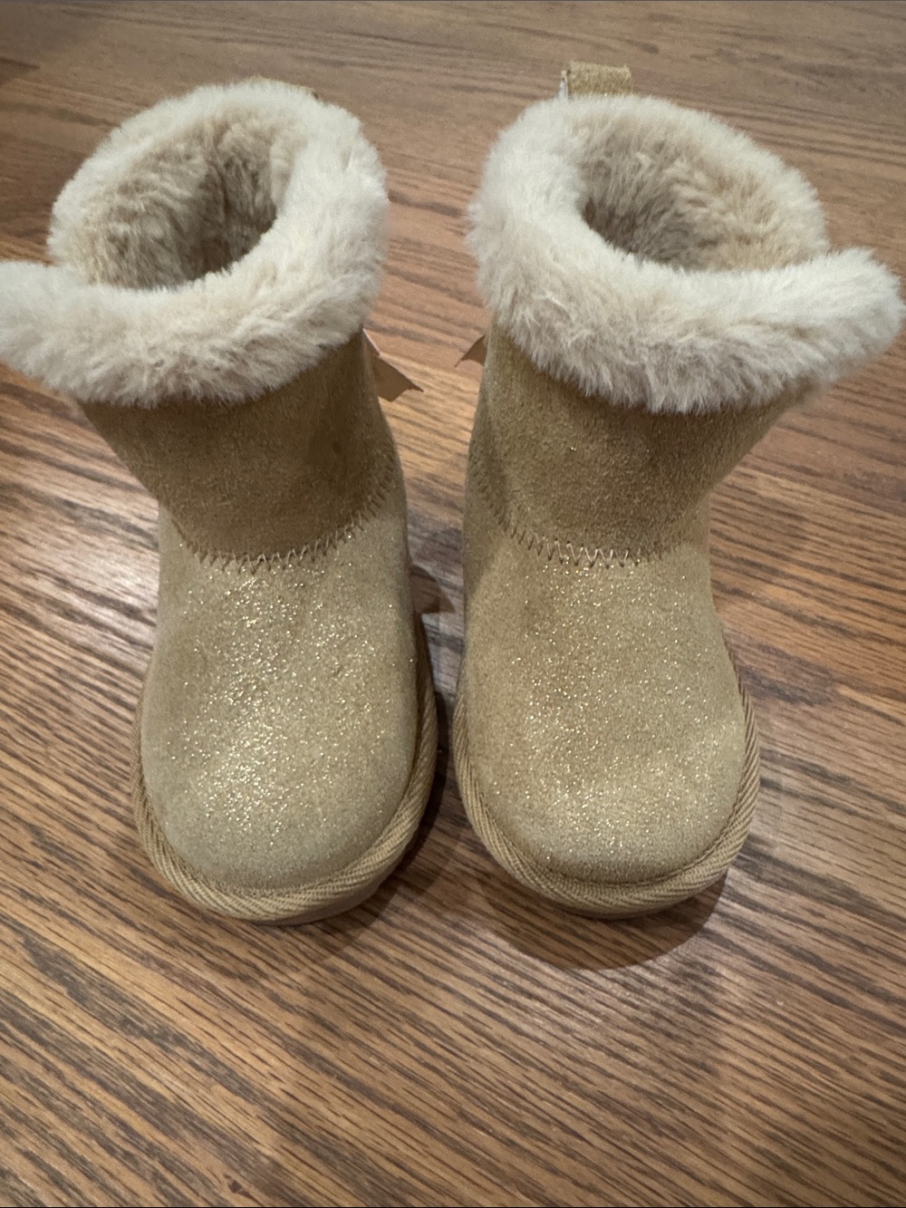 BearPaw Toddler Tan Suede Booties with Fur Cuff and Satin Bows